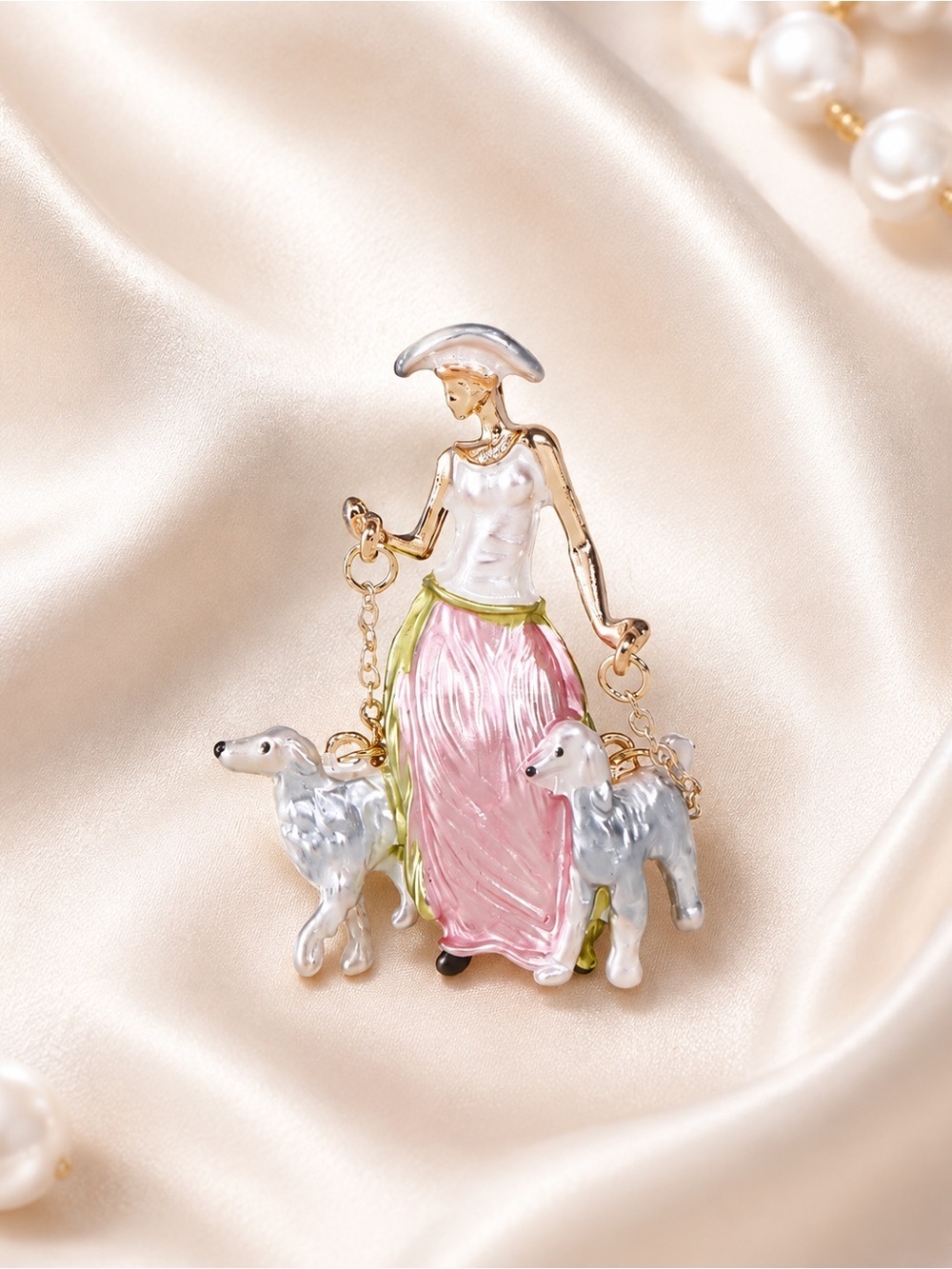 Elegant Lady Walking Poodles Brooch Pink Enamel Gold Tone Statement Pin